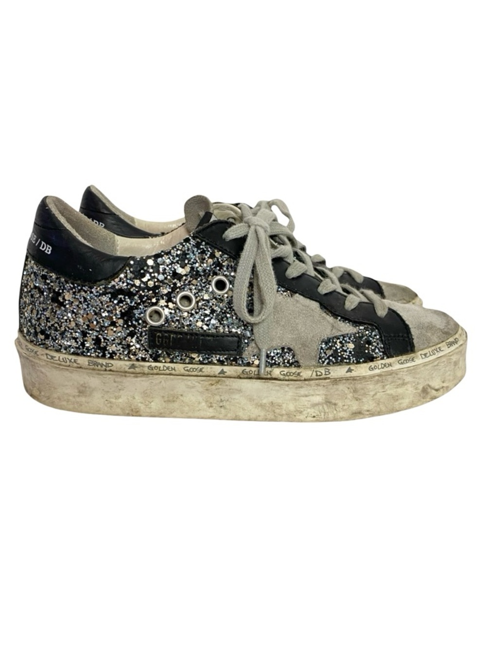 Golden Goose Hi Star D Glitter Sneakers Womens Size 5 35 Vigna Silver Black Shoe